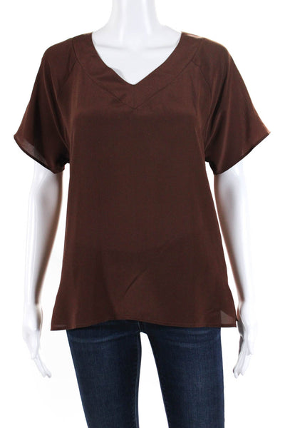 Falconeri Women's Silk Short Sleeve V-Neck Blouse Brown Size S