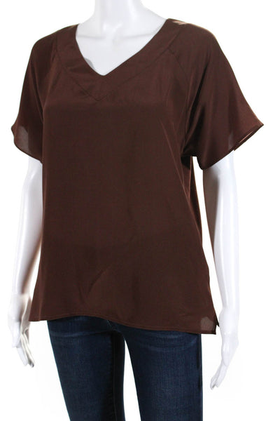 Falconeri Women's Silk Short Sleeve V-Neck Blouse Brown Size S