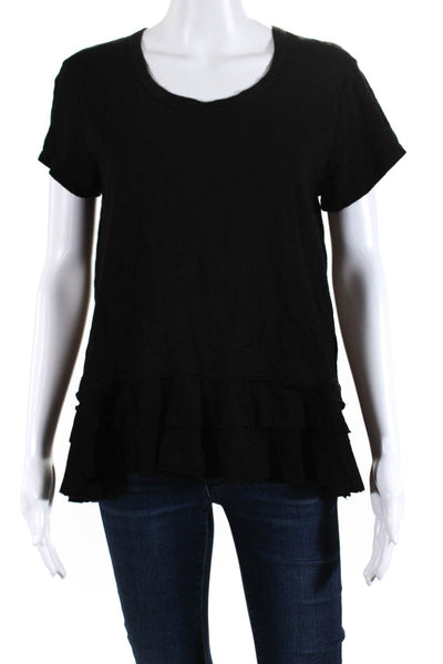 Wilt Women's Round Neck Short Sleeves Ruffle Blouse Black Size S