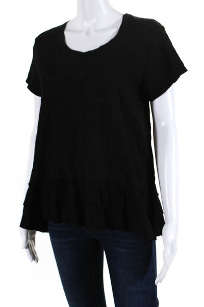 Wilt Women's Round Neck Short Sleeves Ruffle Blouse Black Size S