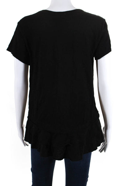 Wilt Women's Round Neck Short Sleeves Ruffle Blouse Black Size S