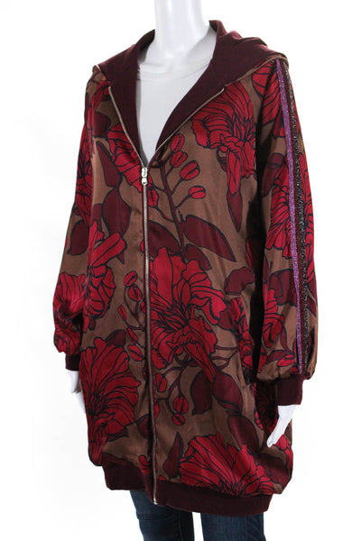 Dixie Womens Floral Print Full Zipper Hooded Jacket Brown Red Size Large