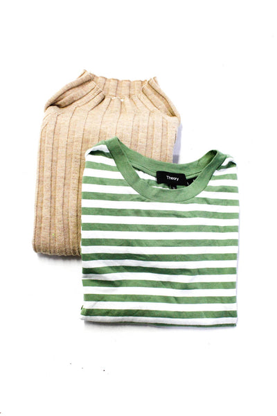 Theory MNG Womens Striped Short Sleeve T Shirt Sweater Green Tan Size XS M Lot 2
