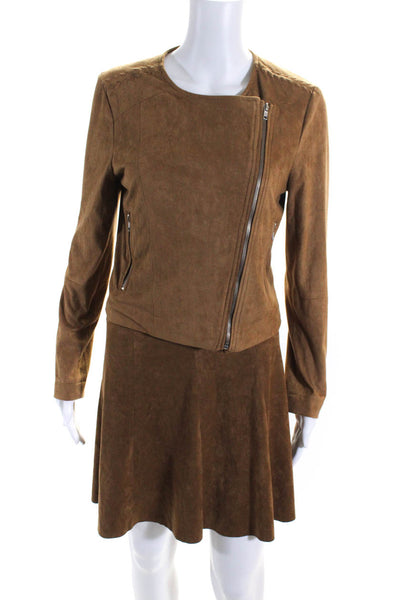 BB Dakota Womens Neck Long Sleeves Two Piece Skirt Set Suede Jacket Brown Size S