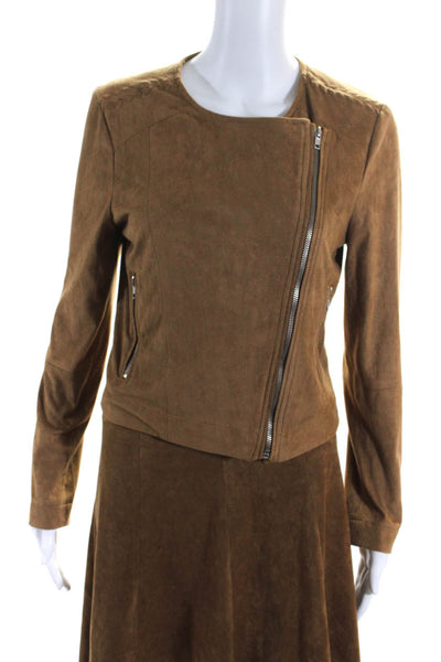 BB Dakota Womens Neck Long Sleeves Two Piece Skirt Set Suede Jacket Brown Size S