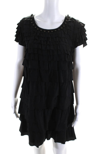 DKNY Women's Silk Short Sleeve Beaded Trim Ruffle Tiered Dress Black Size 4