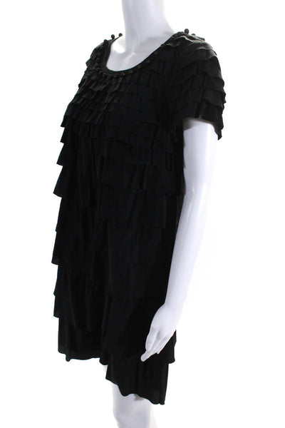 DKNY Women's Silk Short Sleeve Beaded Trim Ruffle Tiered Dress Black Size 4