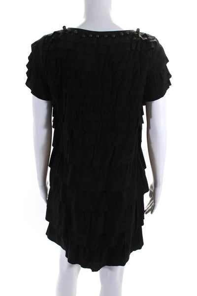 DKNY Women's Silk Short Sleeve Beaded Trim Ruffle Tiered Dress Black Size 4