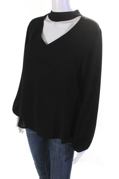 Veronica M Women's Long Sleeve V-Neck Cutout Curved Hem Blouse Black Size S