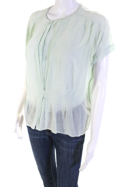 Reiss Womens Silk Round Neck Short Sleeve Button-Down Blouse Top Green Size 4