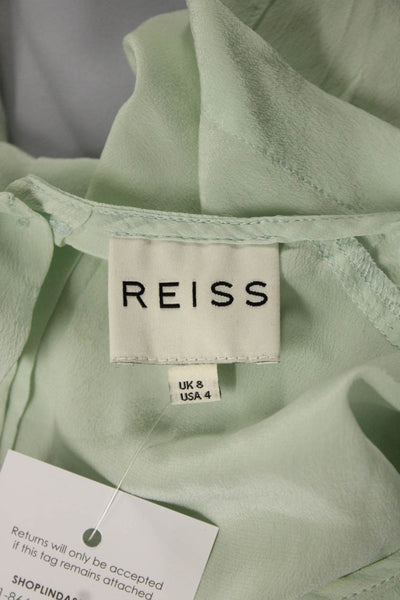 Reiss Womens Silk Round Neck Short Sleeve Button-Down Blouse Top Green Size 4