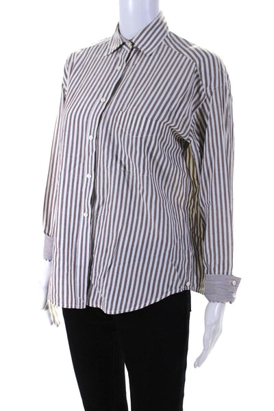 Vince Womens Cotton Striped Print Buttoned Collared Long Sleeve Top White Size 2