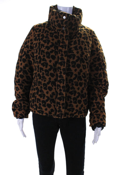 Apparis Womens Animal Print Full Zipper Puffer Jacket Brown Black Size Small