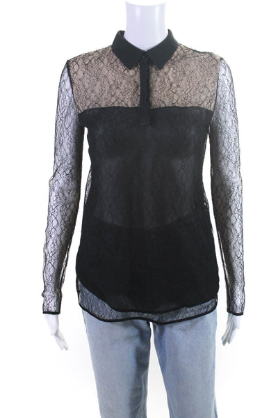 ICB Womens Textured Lace Layered Buttoned Long Sleeve Blouse Top Black Size 4