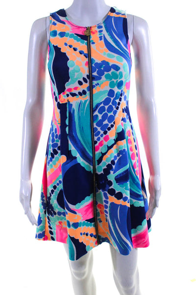 Lily Pulitzer Womens Abstract Print Front Zip Darted Sheath Dress Blue Size 2XS