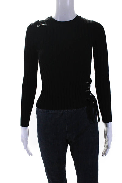 Zara Knit Womens Ribbed Lace Up Detail Crew Neck Sweater Black Size Small