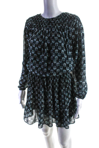 Michael Michael Kors Womens Floral Drawstring Long Sleeve Dress Blue Size XS