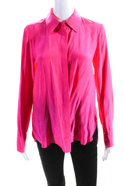 Argent Womens Silk Buttoned Collared Long Sleeve Side Slit Top Pink Size XS