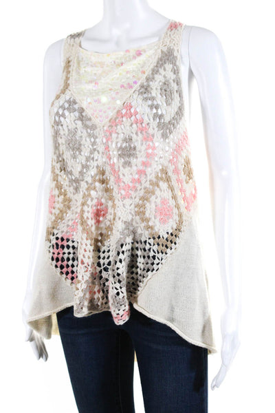 Free People Women's Scoop Sleeveless Crochet Hi-Lo Hem Blouse Beige Size M