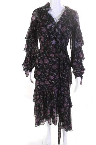 AMUR Womens Chiffon Floral Ruffled Long Sleeve A-Line Wrap Dress Black Size 0