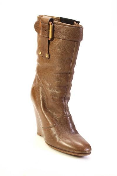 Chloe Womens Leather High Wedge Heel Mid-Calf Boots Dark Brown Size 10US 40EU