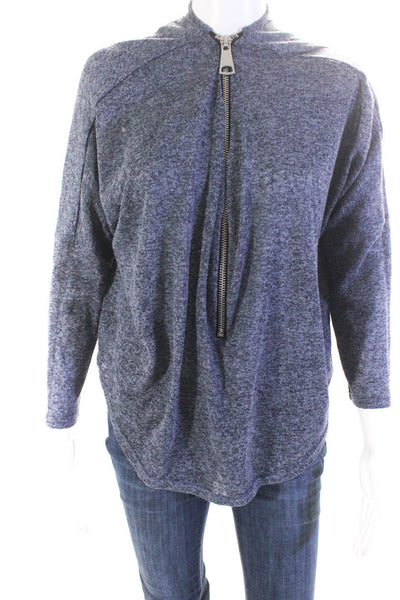 Joan Vass Womens Knit Long Sleeve 3/4 Zip V-Neck Crop Shirt Heather Blue Size M