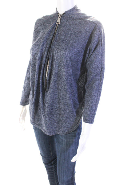 Joan Vass Womens Knit Long Sleeve 3/4 Zip V-Neck Crop Shirt Heather Blue Size M