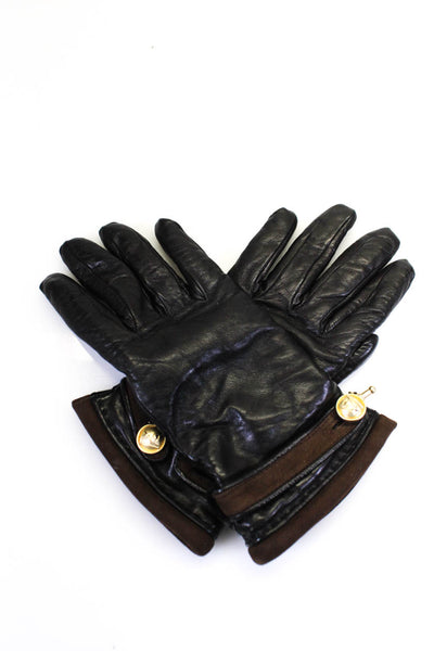 Designer Womens Bar Pin Strap Leather Suede Gloves Black Brown Size 7