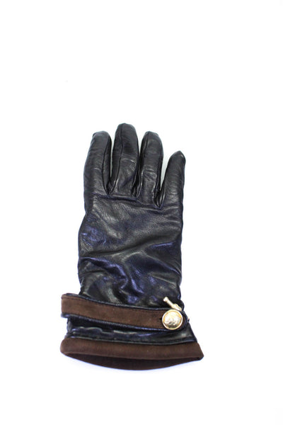 Designer Womens Bar Pin Strap Leather Suede Gloves Black Brown Size 7