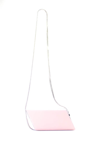 Saint Laurent Womens Metal Framed Diagonal Clutch Handbag Pink Silver Leather