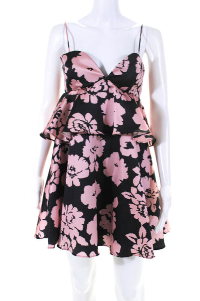 Milly Womens Satin Floral Peplum Sleeveless A Line Dress Black Pink Size 2