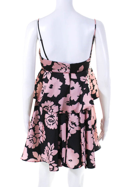 Milly Womens Satin Floral Peplum Sleeveless A Line Dress Black Pink Size 2