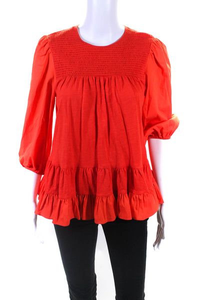 Cinq A Sept Womens Cotton Smocked Bodice Ruffled Blouse Top Orange Size XS