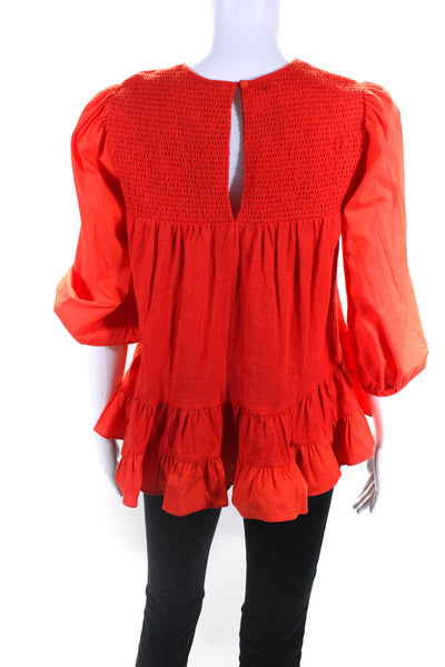 Cinq A Sept Womens Cotton Smocked Bodice Ruffled Blouse Top Orange Size XS