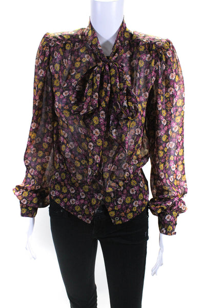 Ronny Kobo Womens Chiffon Floral Tie Front Long Sleeve Blouse Top Purple Size S
