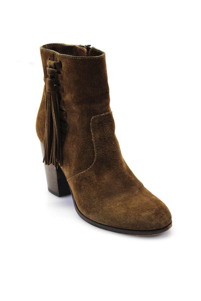 Frye Womens Suede High Heel Tassel Zip Up Ankle Boots Brown Size 6M