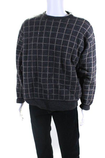 Giorgio Armani Mens Wool Check Print Long Sleeve Crewneck Sweater Gray Size L