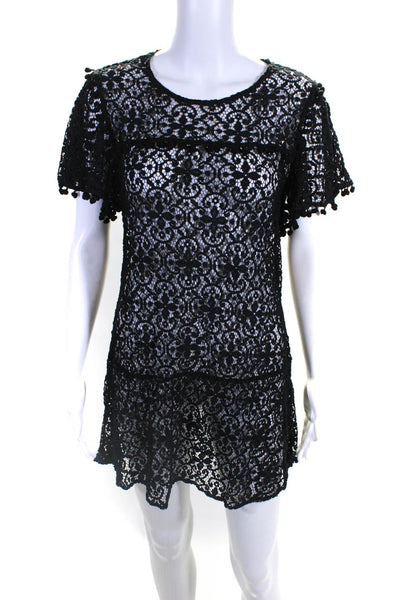 PilyQ Womens Sheer Lace Pom Pom Trim Pullover Short Sleeve Dress Black Size XS/S