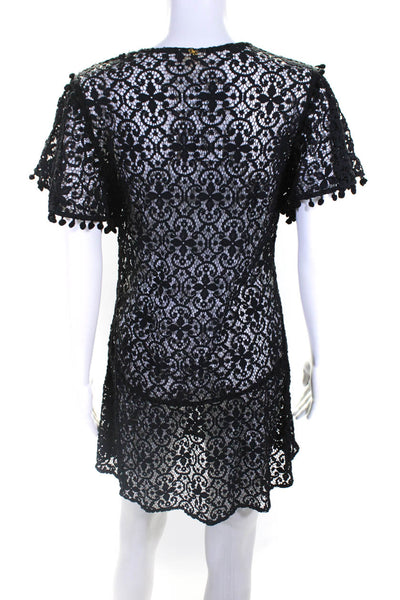 PilyQ Womens Sheer Lace Pom Pom Trim Pullover Short Sleeve Dress Black Size XS/S