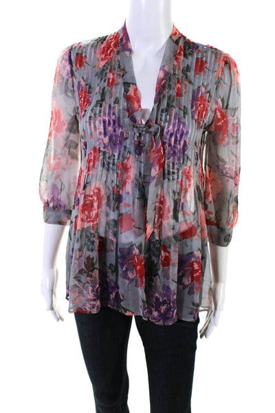 Joie Womens Chiffon Floral Pleated V-Neck Long Sleeve Blouse Top Gray Size XS