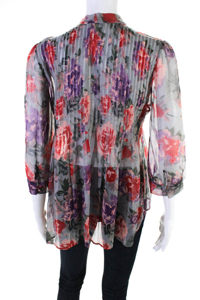 Joie Womens Chiffon Floral Pleated V-Neck Long Sleeve Blouse Top Gray Size XS