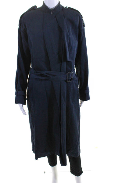 Paul Smith Womens Cotton Mock Neck Belted Long Trench Coat Navy Blue Size 42