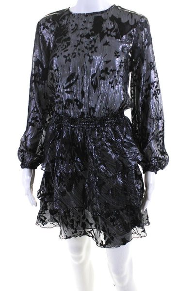 Zara Womens Long Sleeve Crew Neck Metallic Tiered Dress Black Silver Size Small