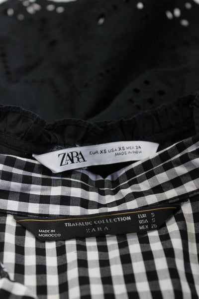 Zara Womens Gingham Eyelet Shirts White Black Cotton Size XS Small Lot 2