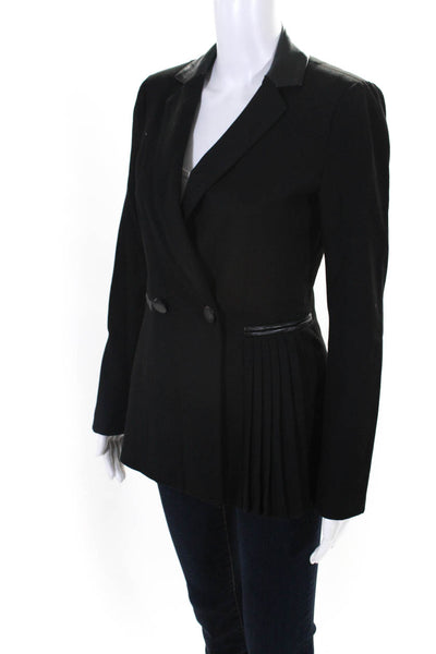Nanette Lepore Women's Leather Trim Double Breasted Pleated Blazer Black Size 4