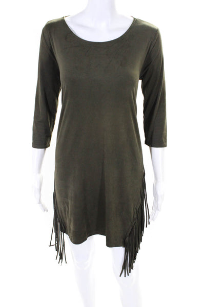 Annabelle Women's Faux Suede Fringe Trim Long Sleeve Shift Dress Green Size S