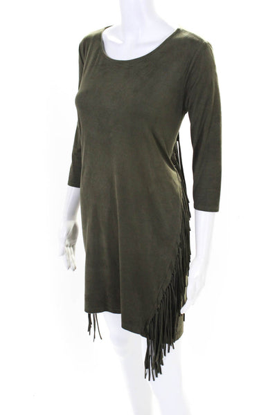 Annabelle Women's Faux Suede Fringe Trim Long Sleeve Shift Dress Green Size S