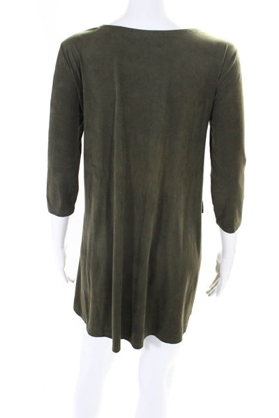 Annabelle Women's Faux Suede Fringe Trim Long Sleeve Shift Dress Green Size S