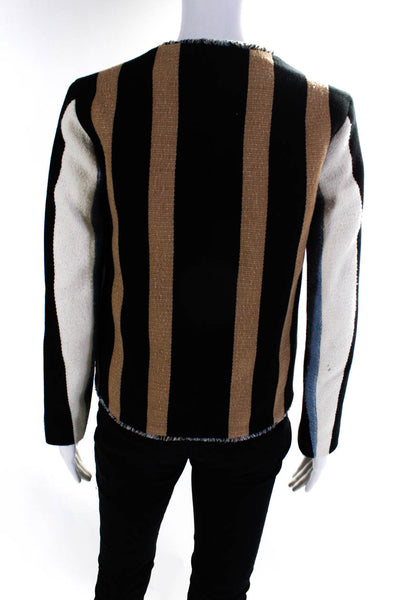 Sandro Cotton Tweed Striped Open Front Jacket Blazer Black Tan Size 36