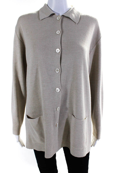 Burberrys Womens Merino Wool Collared Button Up Sweater Cardigan Beige Size 44